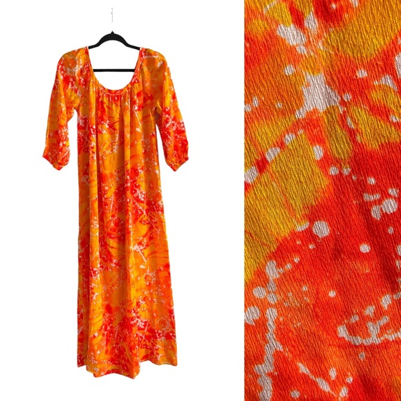 Vintage Dresses & Skirts - Vintage 60s Psychedelic Maxi Dress In Orange & Yellow